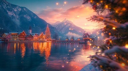 Obraz premium Christmas village at dusk with lights reflecting on a lake and snow-covered mountains in the background