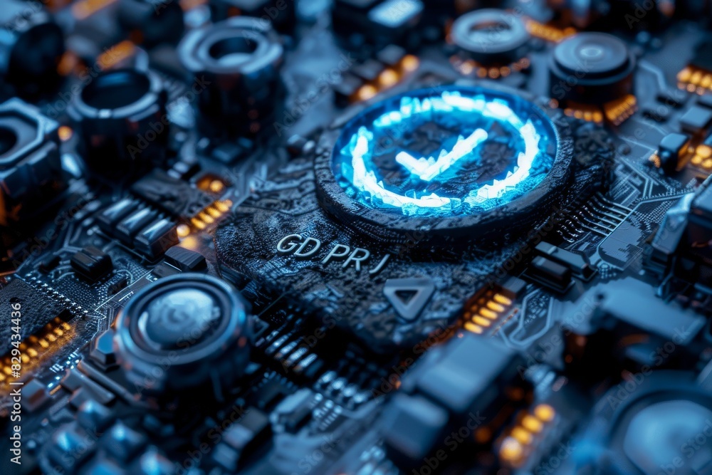 Poster intricate blue cyber shield integrated into a complex circuitry system, highlighting advanced securi