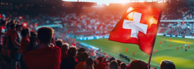Swiss flag at stadium. Sport concept. Football background