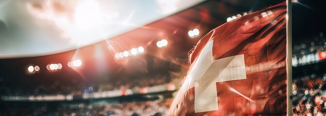 Swiss flag at stadium. Sport concept. Football background