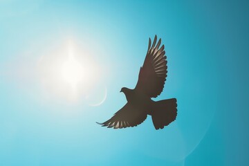 Memorial Day peace depicted with a minimalist silhouette of a dove soaring focus on, serene remembrance, futuristic, manipulation against a clear blue sky backdrop