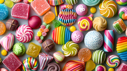 Fototapeta premium An assortment of colourful, festive sweets, ice-cream and candy in a panoramic orientation.ai generative