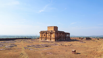 Wide angle shot of Meguti Jain Temple, Aihole, Bagalkot, Karnataka, India.