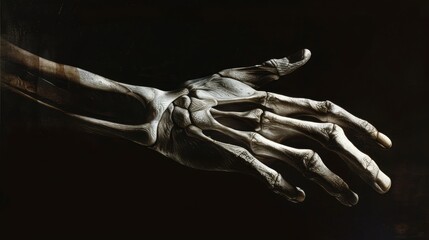 Obraz premium Intricate detail of a human hand, a cutaway study in chiaroscuro close up, anatomical precision, realistic, double exposure with a dark velvet backdrop