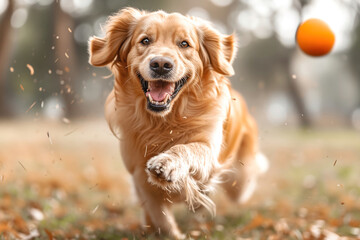 Golden Retriever Catching Ball Outdoors