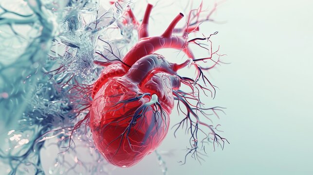 Intricate vessels and pulsing heart in a human cardiovascular system illustration copy space, educational chart, dynamic, blend mode against a dark blue backdrop