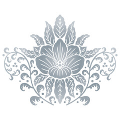 Hand drawn gray floral Damask motif isolated on white background. Abstract symmetric botanical decor.