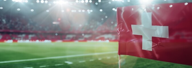 Swiss flag at stadium. Sport concept. Football background