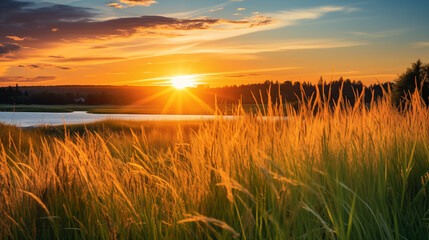 Sun setting over a field of tall grass. A picturesque view of the sun setting over a field of tall grass. - Powered by Adobe