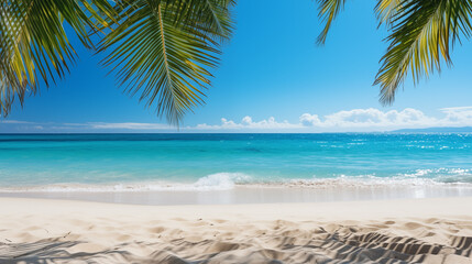  Tropical beach. Summer vacation on a tropical island with beautiful beach and palm trees. Tropical Maldives.