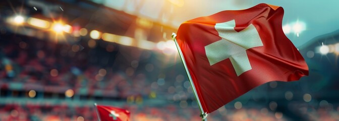 Swiss flag at stadium. Sport concept. Football background