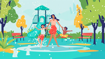 A mother and child enjoying a splash pad in a playground.