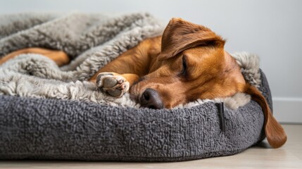 Product photography; dog bed with cute sleeping dog, clean light natural colors with contrasting...