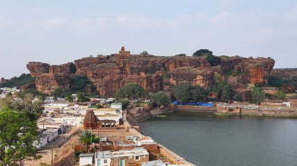 View of Badami Town and Agasthya Lake, Badami, Bagalkot, Karnataka, India.