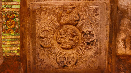 Carvings of Hindu Deities on the Badami Caves, Badami, Bagalkot, Karnataka, India.