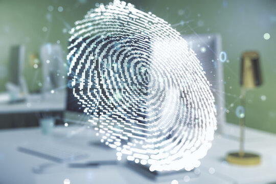 Multi exposure of abstract creative fingerprint illustration on modern laptop background, digital access concept