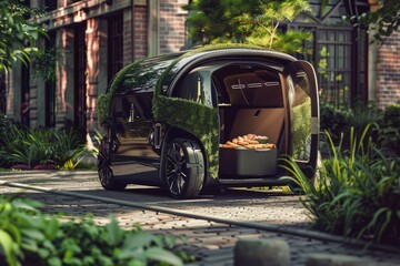 Autonomous Car ,delivery vehicle to people in front of the house , Generative AI