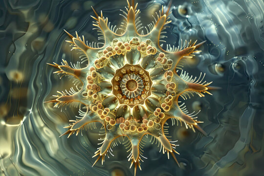 Intricate heliozoan with radial symmetry and spiny axopods, floating in a freshwater pond.