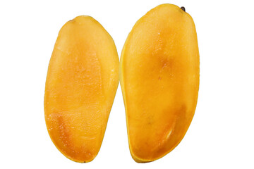 Ripe half sliced mango on white background