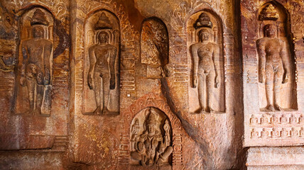 Carvings of Mahavir Jain in Badami Caves, Badami, Bagalkot, Karnataka, India.