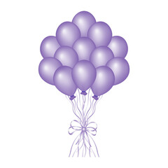 Bundle of pastel violet balloons. Elegant, aesthetic, stylish Balloons with ribbons isolated on transparent background. Flying helium ball illustration