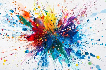 Explosion of multicolored paint splatters on white background
