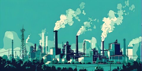 illustration of an industrial landscape scene in a minimalistic hyper realistic style