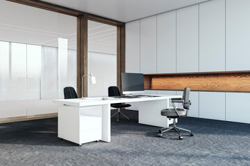 Modern coworking office with equipment, furniture, various other objects and daylight. 3D Rendering.