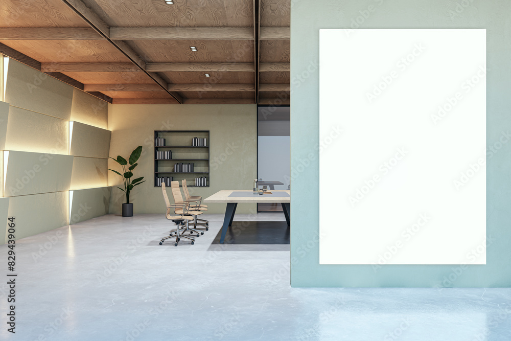 Poster modern bright conference room interior with empty white mock up banner. 3d rendering.