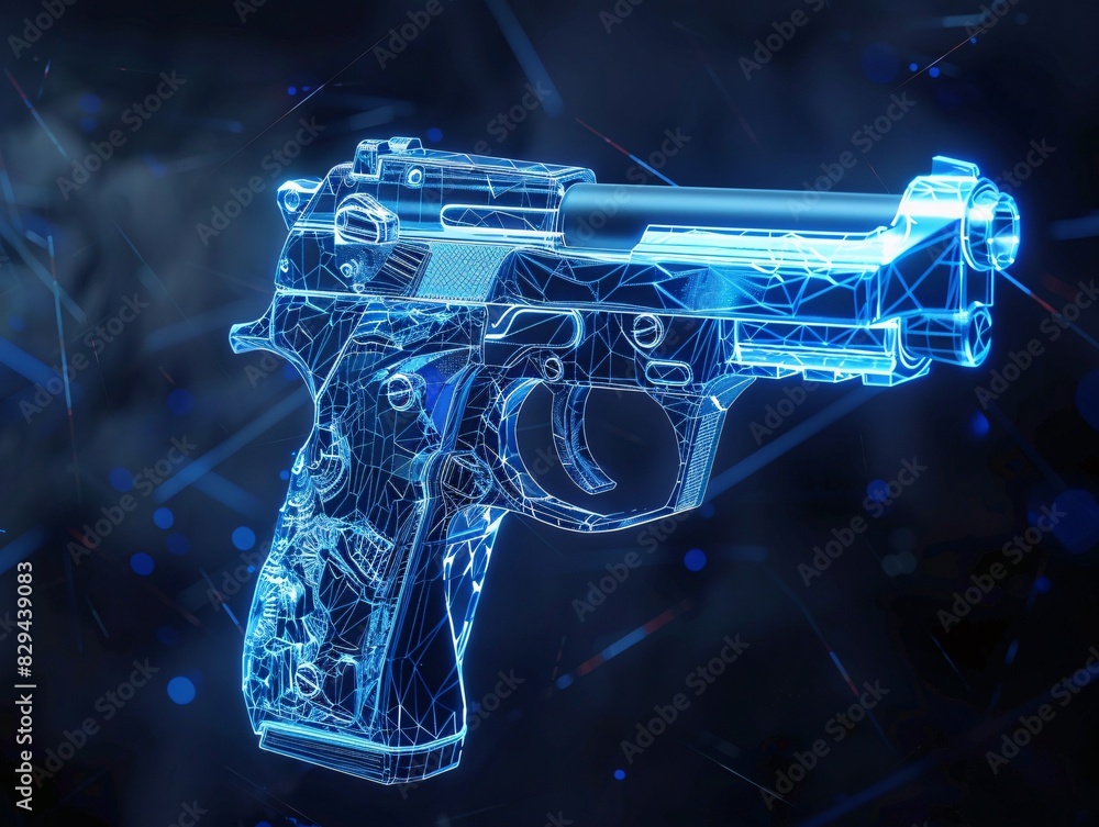 Poster blue print of hand gun or holographic handgun on dark background . handgun wireframe scheme. 3d rend