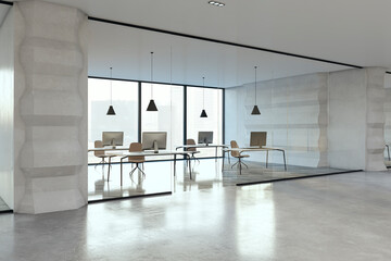 Contemporary glass office hallway interior with and reflections on light floor. 3D Rendering.
