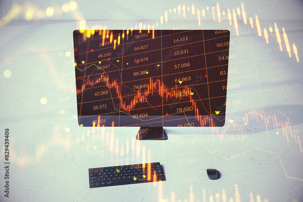 Poster close up of office workplace with computer display, other items and downward red forex candlestick h