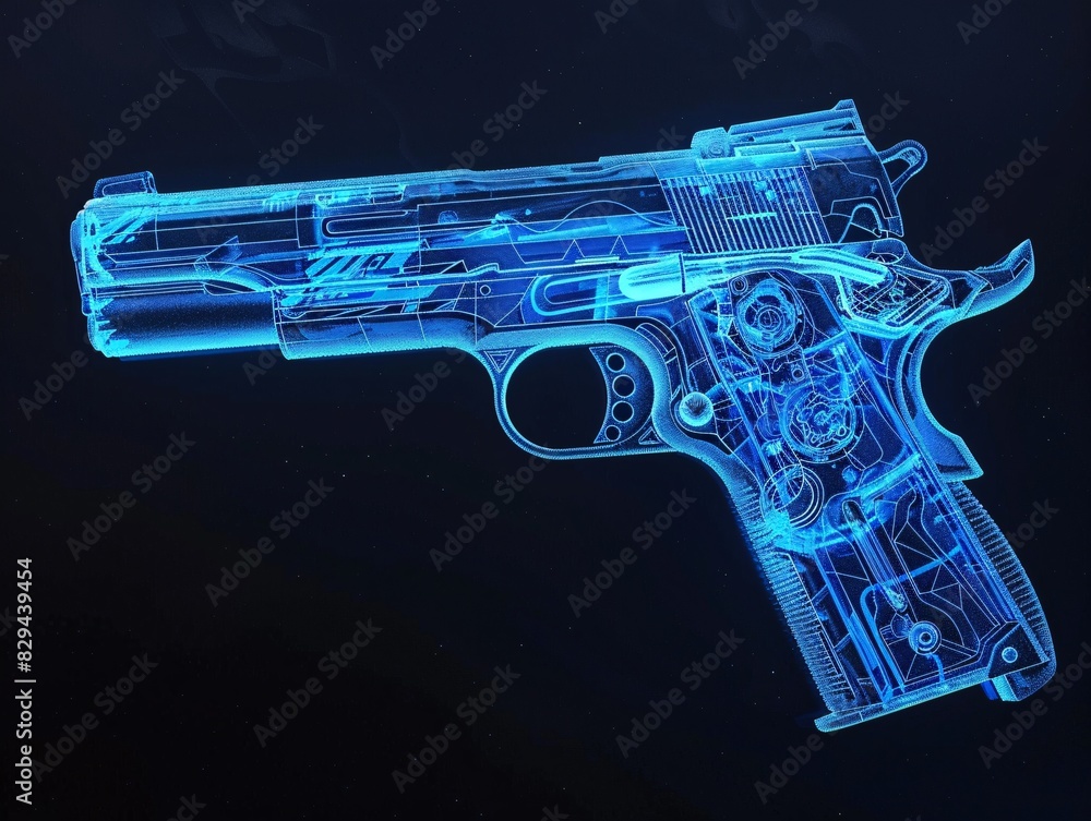 Poster blue print of hand gun or holographic handgun on dark background . handgun wireframe scheme. 3d rend