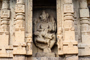 Carving Sculpture of Lord Narsimha on the rear of the Kedareshwara Temple, Dharmapuri, Beed Maharashtra India.
