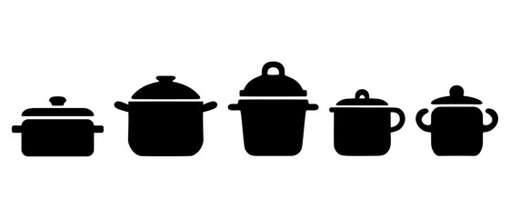 simple black and white kitchen utensils, Cooking pots with lid silhouette black filled vector Illustration icon.