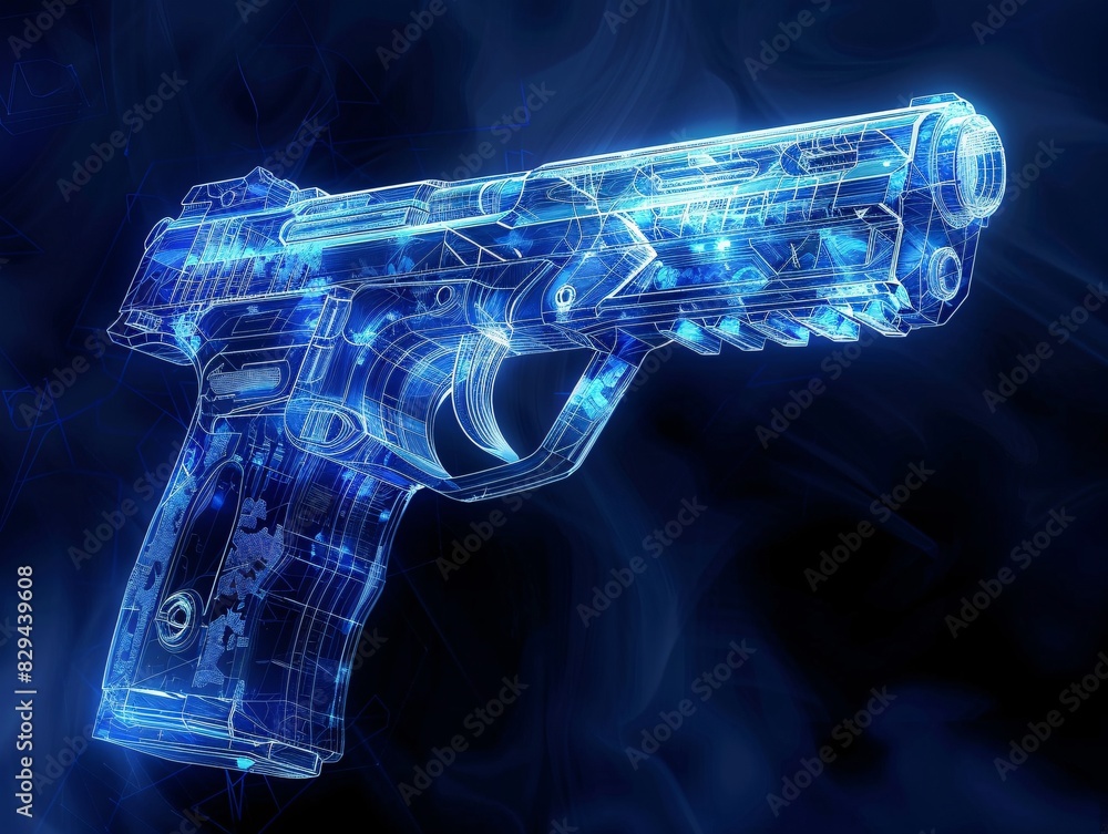 Poster blue print of hand gun or holographic handgun on dark background . handgun wireframe scheme. 3d rend