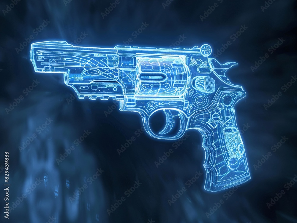 Poster blue print of hand gun or holographic handgun on dark background . handgun wireframe scheme. 3d rend