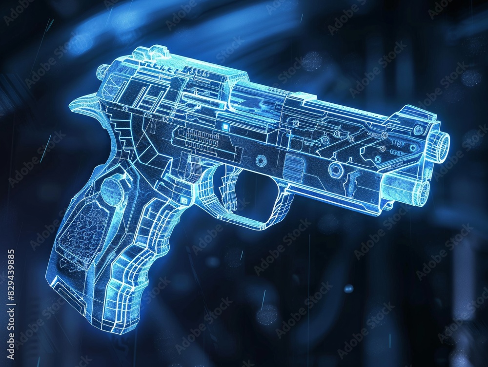 Poster blue print of hand gun or holographic handgun on dark background . handgun wireframe scheme. 3d rend
