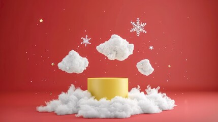  background with podium for product display ,3d rendering ,Red background ,3d render of yellow podium with cloud for product display