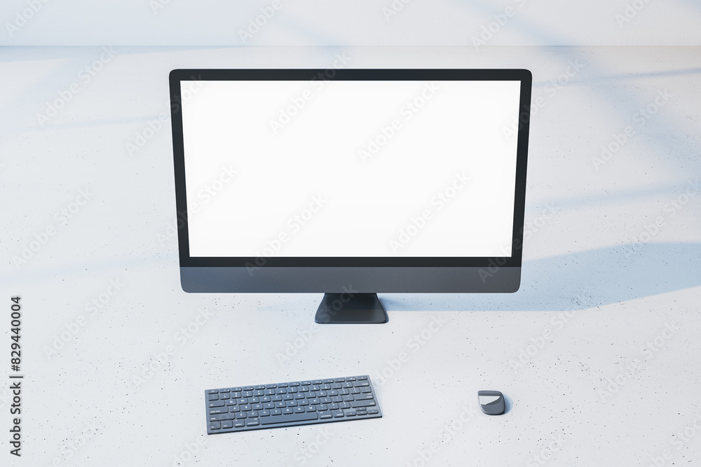 Poster Close up of empty white mock up computer monitor on light backdrop. Minimalistic designer desktop concept. 3D Rendering.