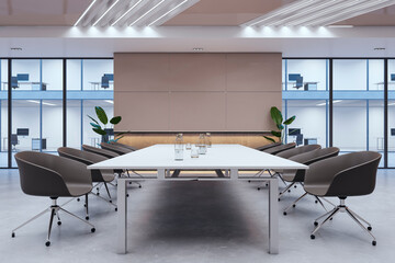 Bright glass meeting room interior with creative ceiling. 3D Rendering.