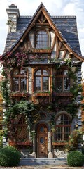 European-style architecture house with flowers