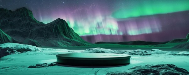 Vivid mockup with a central podium against a stunning aurora borealis background