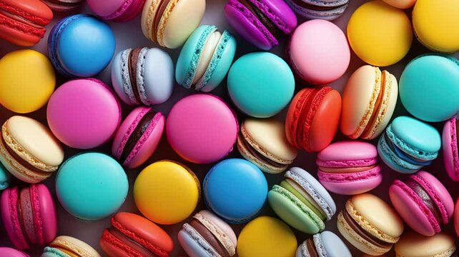  Sweet macaroons with appetizing looks with various color, image video HD 4K a background for national macaron day and world food day