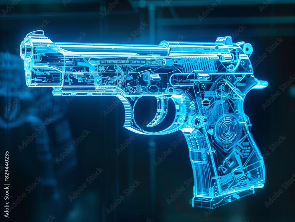 Poster blue print of hand gun or holographic handgun on dark background . handgun wireframe scheme. 3d rend