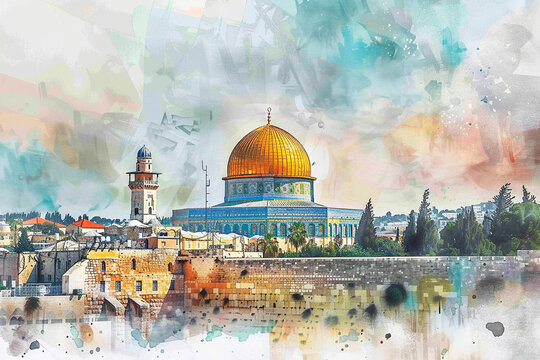 Watercolor hand draw The Al-Aqsa Mosque in Jerusalem is one of the oldest mosques in the world and holds significant religious importance in Islam.