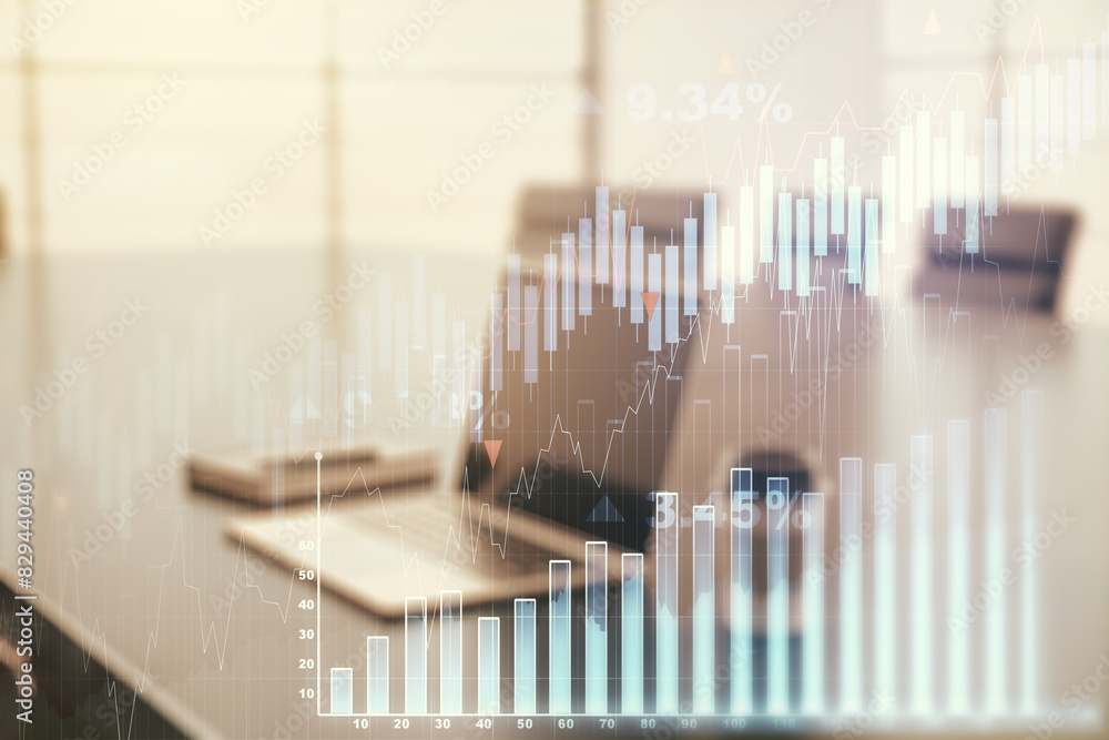 Aufkleber multi exposure of abstract creative financial chart on computer background, research and analytics c