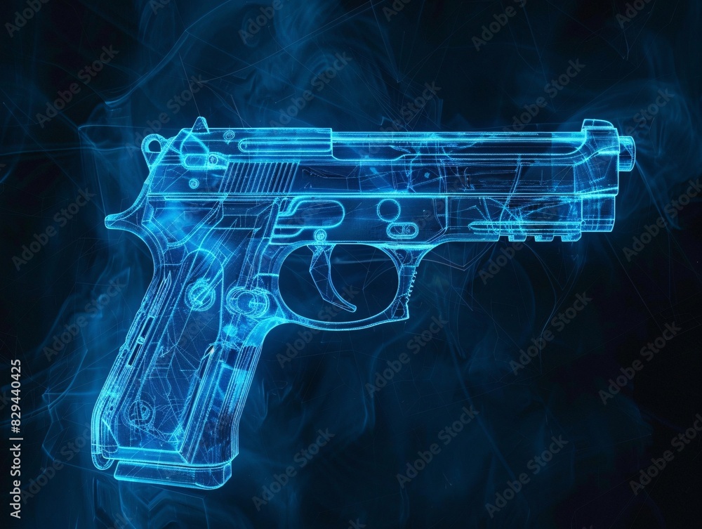 Poster blue print of hand gun or holographic handgun on dark background . handgun wireframe scheme. 3d rend