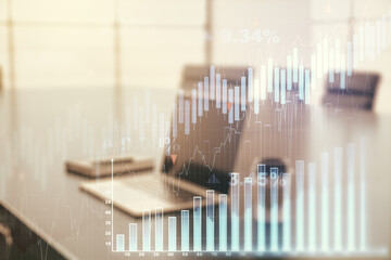 Multi exposure of abstract creative financial chart on computer background, research and analytics...