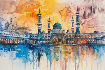 Watercolor hand draw The Masjid al-Haram in Mecca Saudi Arabia